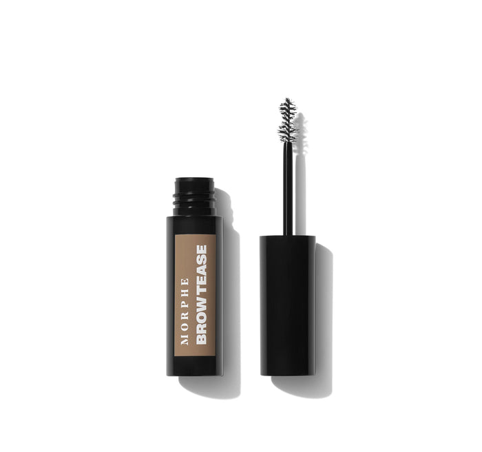 {Praline} Morphe Brow Tease Fiber-Infused Volumizing Mousse open black tube labeled MORPHE BROW TEASE with spoolie wand shown alongside cap.