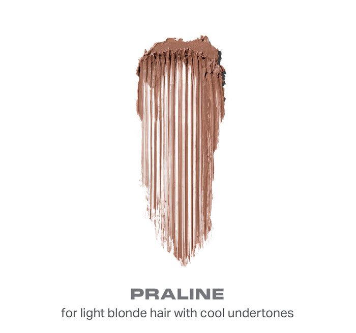 {Praline} Brow Tease Fiber Infused Volumizing Mousse swatch in Praline with vertical strokes; text: PRALINE for light blonde hair with cool undertones.