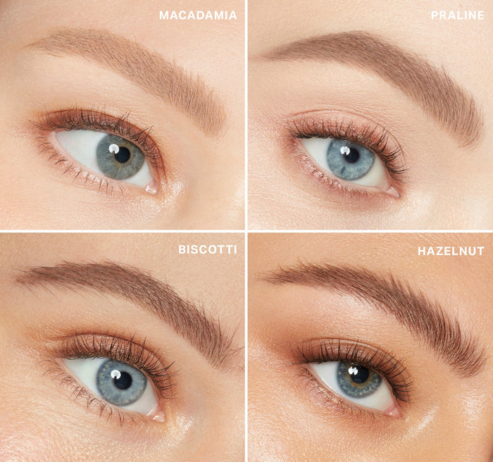 {Praline} Brow Tease Fiber Infused Volumizing Mousse macro eye grid showing shades MACADAMIA, PRALINE, BISCOTTI, and HAZELNUT on skin.