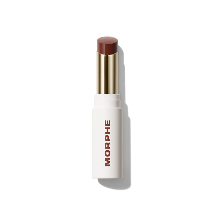 {Lovers' Bond} Morphe Liplock Glossy Lipstick in a deep mauve-brown bullet with gold ferrule and white MORPHE-printed base.