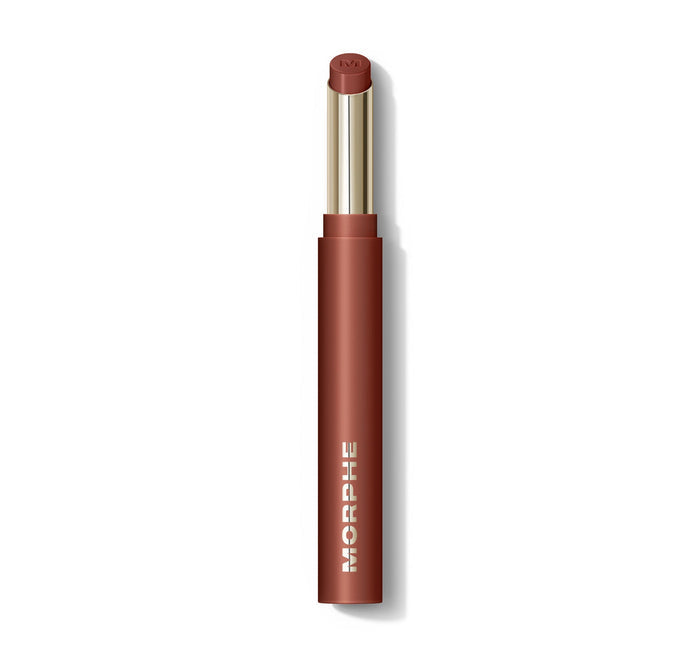 {Suede} Morphe Lip Filter Hydroplump Soft Matte Lipstick in Suede, open bullet showing warm terracotta-brown shade, MORPHE printed on tube.