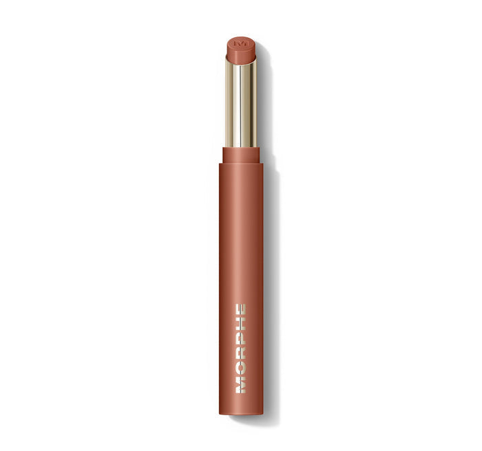 {Souffle} Morphe Lip Filter Hydroplump Soft Matte Lipstick in Souffle, open bullet silo showing warm nude-brown bullet and MORPHE-branded tube.