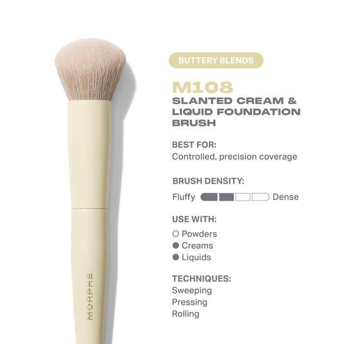 Buttery Blends M108 Slanted Cream & Liquid Foundation Brush feature card: Best For: Controlled, precision coverage | Brush Density: Fluffy to Dense | Use With: Powders, Creams, Liquids | Techniques: Sweeping, Pressing, Rolling.