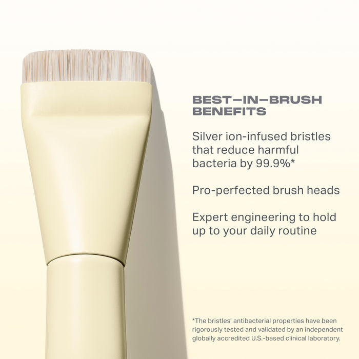 Buttery Blends M108 Slanted Foundation Brush benefits card: BEST-IN-BRUSH BENEFITS — Silver ion-infused bristles that reduce harmful bacteria by 99.9%*, Pro-perfected brush heads, Expert engineering to hold up to your daily routine.