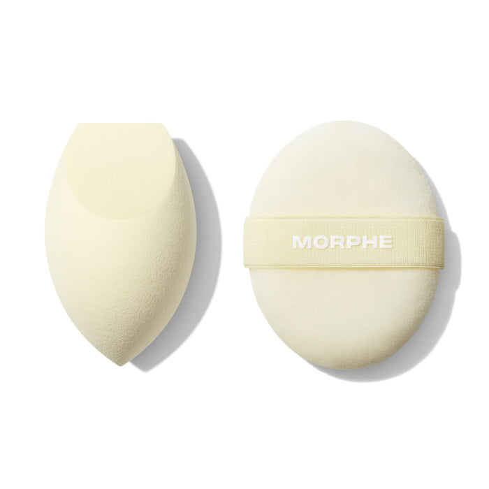 Morphe Buttery Blends Tool Duo featuring a teardrop blending sponge and a round powder puff with MORPHE elastic band.