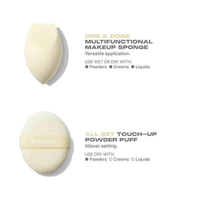 Buttery Blends Tool Duo set description showing ONE & DONE MULTIFUNCTIONAL MAKEUP SPONGE (versatile application, use wet or dry with Powders, Creams, Liquids) and ALL SET TOUCH-UP POWDER PUFF with MORPHE band (allover setting, use dry with Powders).