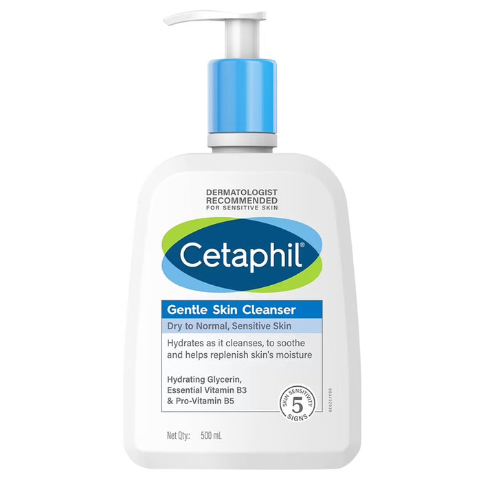 Cetaphil Gentle Skin Cleanser in a white pump bottle with blue and green labeling, indicating it is dermatologist recommended, hypoallergenic, and enriched with essential vitamins B5 and E.