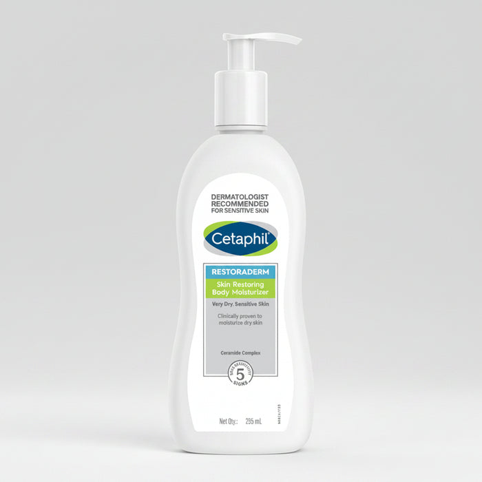 Cetaphil Restoraderm Skin Restoring Body Moisturizer in a pump bottle, 295ml size.