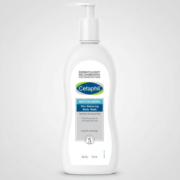 Cetaphil Restoraderm Skin Restoring Body Wash in a white bottle with a pump dispenser, labeled for sensitive skin.