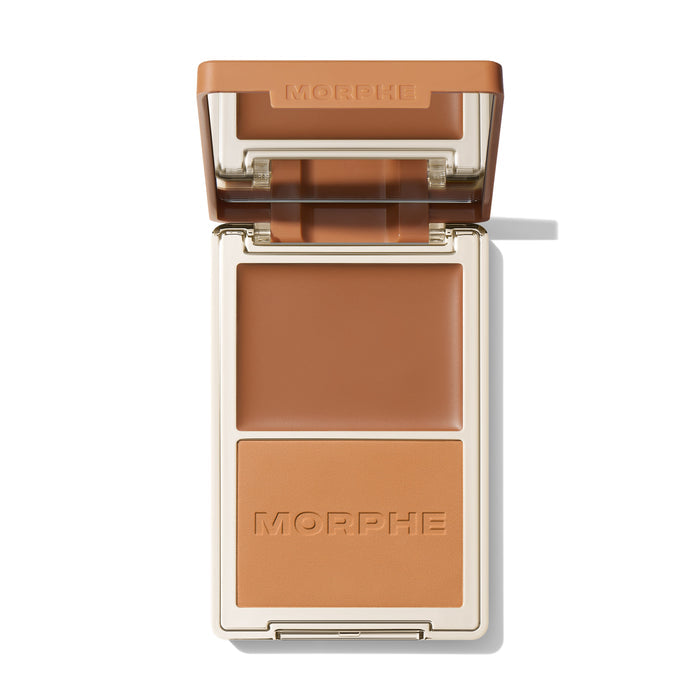 {Amalfi Coast} Open Morphe Cheek Thrills Bronzer Duo with tan lid, tan cream, caramel matte powder with MORPHE engraved.
