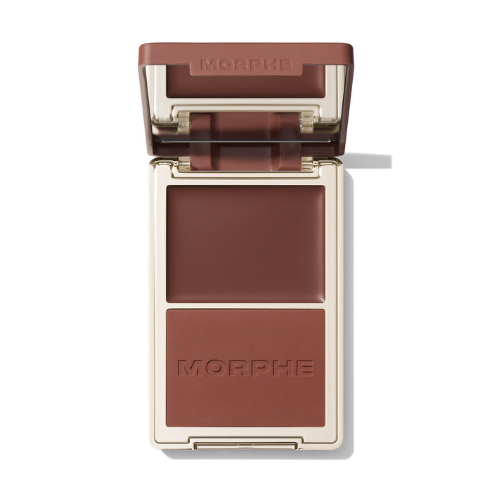 {Fiji Beach} Open Morphe Cheek Thrills Bronzer Duo with deep rust lid, rust cream, brown matte powder with MORPHE engraved.