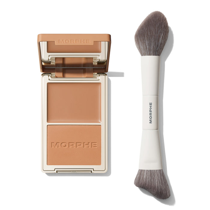 Morphe Cheek Thrills Bronzer Duo with caramel and tan shades plus dual-ended Sculpt Brush with MORPHE on handle.
