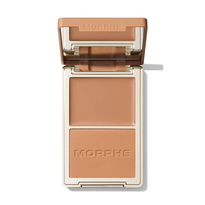{Maui Surf} Open Morphe Cheek Thrills Bronzer Duo with caramel lid, peach cream, caramel matte powder with MORPHE engraved.