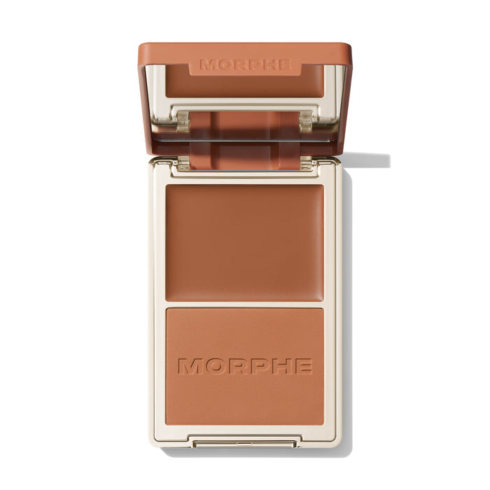 {Tulum Trip} Open Morphe Cheek Thrills Bronzer Duo with rust lid, rust cream, caramel matte powder with MORPHE engraved.