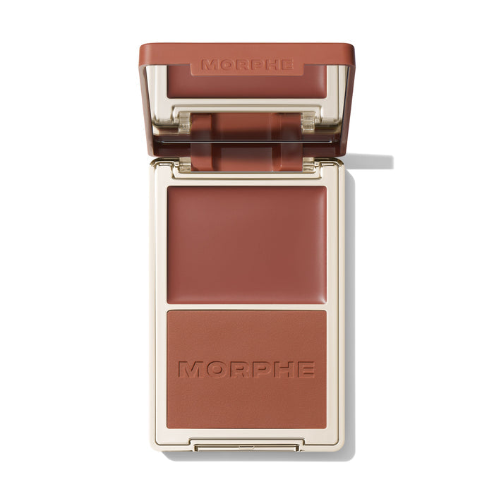{Malibu Villa} Open Morphe Cheek Thrills Bronzer Duo with terracotta lid, terracotta cream, terracotta matte powder with MORPHE engraved.