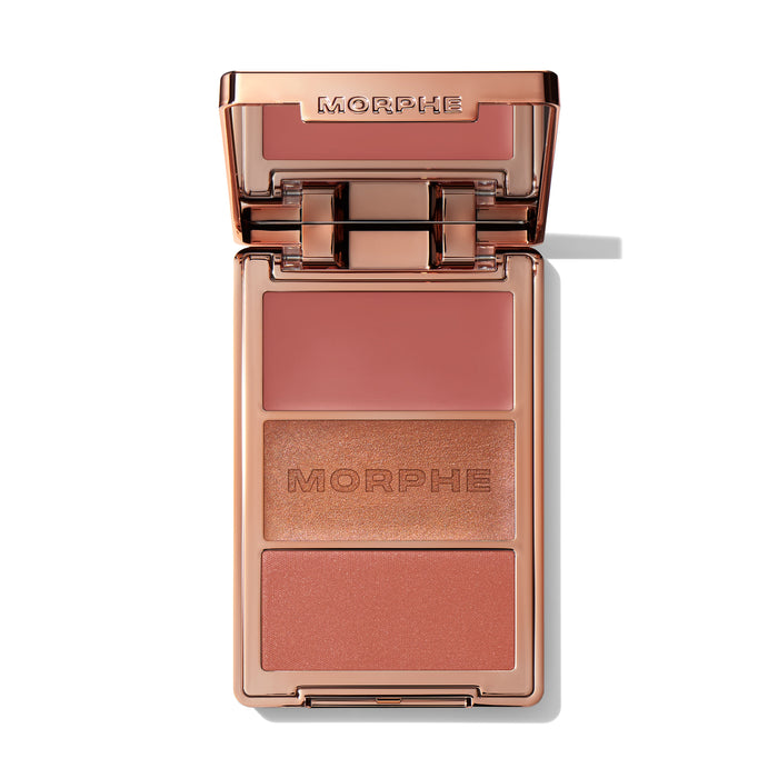 {Yacht Day} Cheek Thrills Multi-Finish Face Trio in Yacht Day, open compact showing matte blush, MORPHE-engraved shimmer, and satin blush pans in rosy nude tones, with MORPHE on the lid.