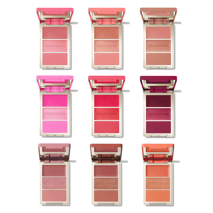 Nine Morphe Cheek Thrills Multi-Finish Face Trio compacts open with three blush shades each, MORPHE on shimmer pans.