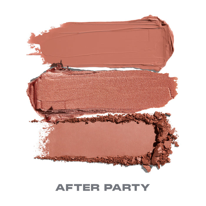 {After Party} Three cream and powder swatches of the Cheek Thrills Multi-Finish Face Trio in After Party — matte, shimmer, and bronzer — labeled "AFTER PARTY."