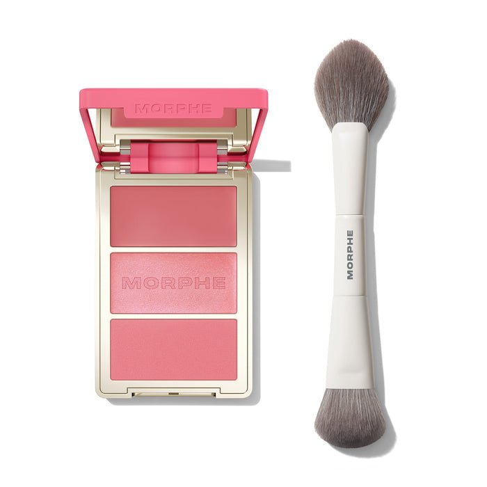Morphe Cheek Thrills Multi-Finish Face Trio in pink with three blush shades and MORPHE engraved, beside dual-ended Blush Brush with MORPHE handle.