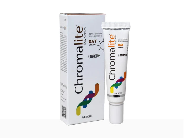 Packaging and tube of Chromalite Day Cream SPF50+, with white and orange colors predominately featured.