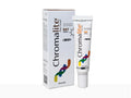 Packaging and tube of Chromalite Day Cream SPF50+, with white and orange colors predominately featured.
