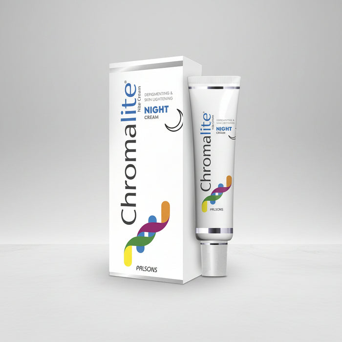 Chromalite Nite Cream packaging and tube. The packaging is predominantly white with colorful design elements and text, indicating it is a nighttime skin cream.