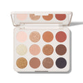 {Flickering Sands} Morphe ChromaPlus 12-Pan Eyeshadow Palette open in cream case showing 12 nude-to-burgundy matte and shimmer shades, MORPHE printed on case.