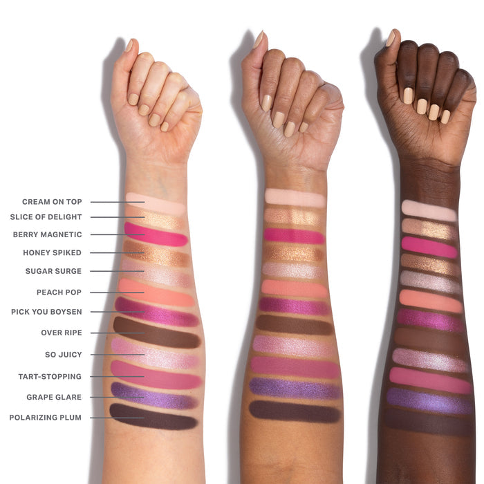 {Electric Currant} Chromaplus 12 Pan Eyeshadow Palette arm swatches on three skin tones showing all 12 shades: Cream On Top, Slice Of Delight, Berry Magnetic, Honey Spiked, Sugar Surge, Peach Pop, Pick You Boysen, Over Ripe, So Juicy, Tart-Stopping, Grape Glare, Polarizing Plum.