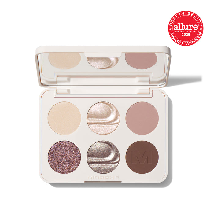 {Rich Glitch} Open Morphe Chromaplus 6 Pan Eyeshadow Palette with 6 shades: ivory matte, champagne shimmer, mauve matte, plum glitter, silver duochrome, and brown matte with M logo; "MORPHE" engraved on base.