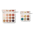 Morphe Chromaplus Double Feature open eyeshadow palettes showing a 12-pan and 6-pan compact, both with MORPHE engraved, in warm neutrals and vibrant teal-gold shades.