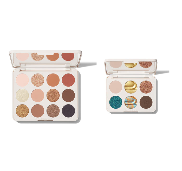 Morphe Chromaplus Double Feature open eyeshadow palettes showing a 12-pan and 6-pan compact, both with MORPHE engraved, in warm neutrals and vibrant teal-gold shades.