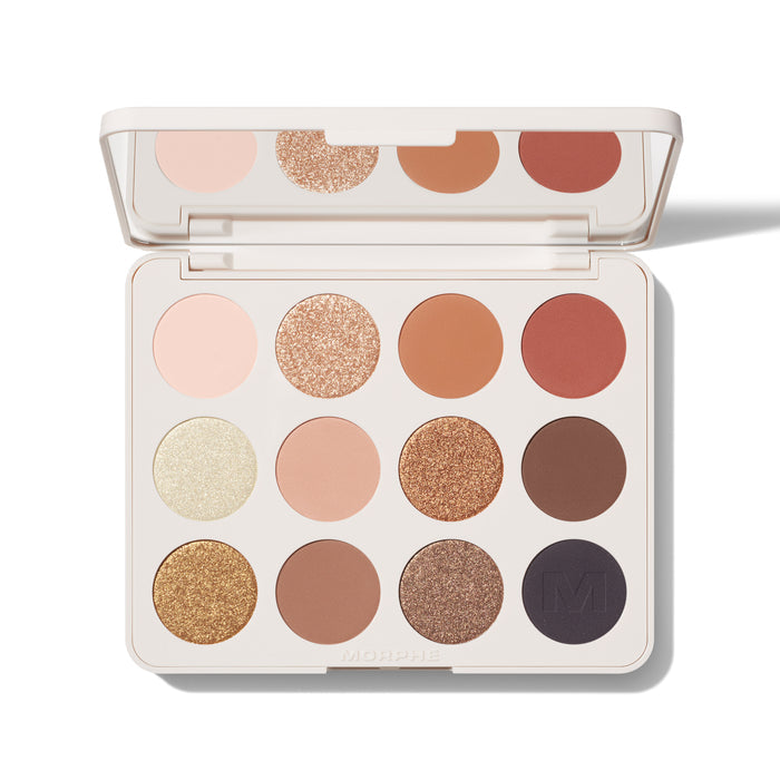 {Flickering Sands} Morphe ChromaPlus 12-Pan Eyeshadow Palette open in cream case showing 12 nude-to-burgundy matte and shimmer shades, MORPHE printed on case.