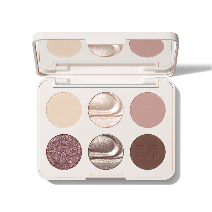 {Rich Glitch} Open Morphe Chromaplus 6 Pan Eyeshadow Palette with 6 shades: ivory matte, champagne shimmer, mauve matte, plum glitter, silver duochrome, and brown matte with M logo; "MORPHE" engraved on base.
