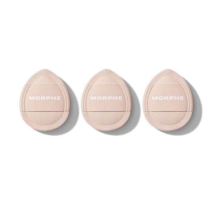 Three nude Cloud Cushion Mini Puff Trio applicators with MORPHE branding displayed in a row on a white background.