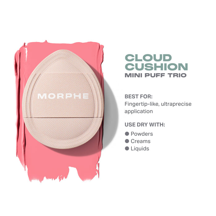 Morphe Cloud Cushion Mini Puff Trio Nude nude puff over pink product swatch — BEST FOR: Fingertip-like, ultraprecise application; USE DRY WITH: Powders, Creams, Liquids