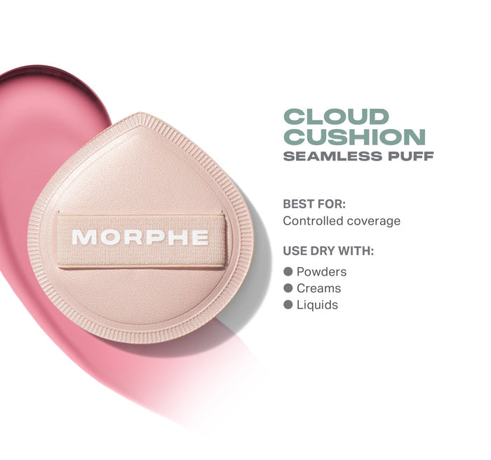 Morphe Cloud Cushion Seamless Puff with pink container; Best For: Controlled coverage. Use Dry With: Powders, Creams, Liquids.