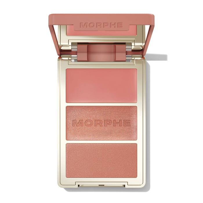 {After Party} Open Morphe Cheek Thrills Multi-Finish Face Trio with rose lid, rose cream, peach shimmer with MORPHE engraved, peach matte.