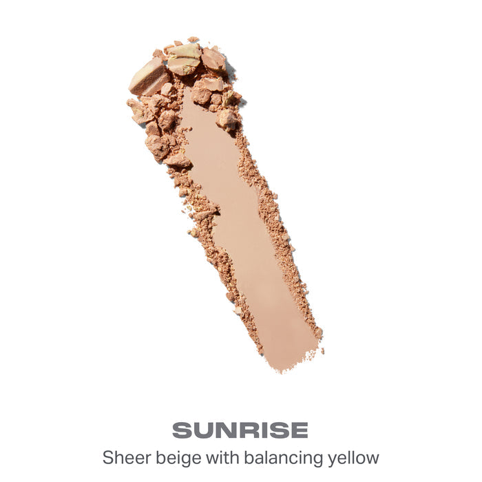 {Sunrise} Cloudlight Soft Glow Veil powder swatch labeled "SUNRISE — Sheer beige with balancing yellow" showing a warm beige smear.