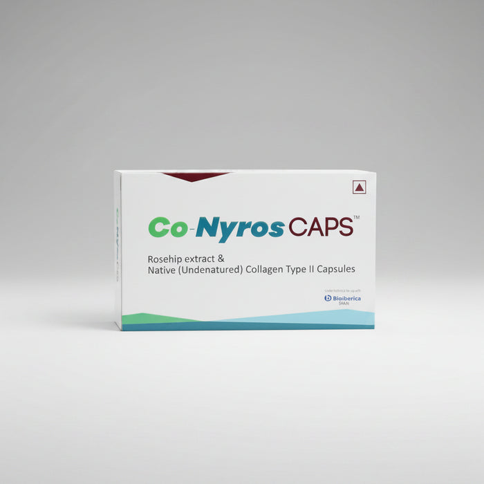 Packaging for Co-Nyros CAPS, featuring the brand name and the words 'ROSEHIP EXTRACT & NATIVE UNDERNATURED COLLAGEN TYPE II CAPSULLES' along with the Bioceria logo.