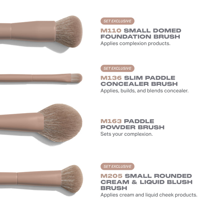 Morphe Custom Blends Iced Mocha set includes M110 Small Domed Foundation Brush, M136 Slim Paddle Concealer Brush, M163 Paddle Powder Brush, and M205 Small Rounded Cream & Liquid Blush Brush