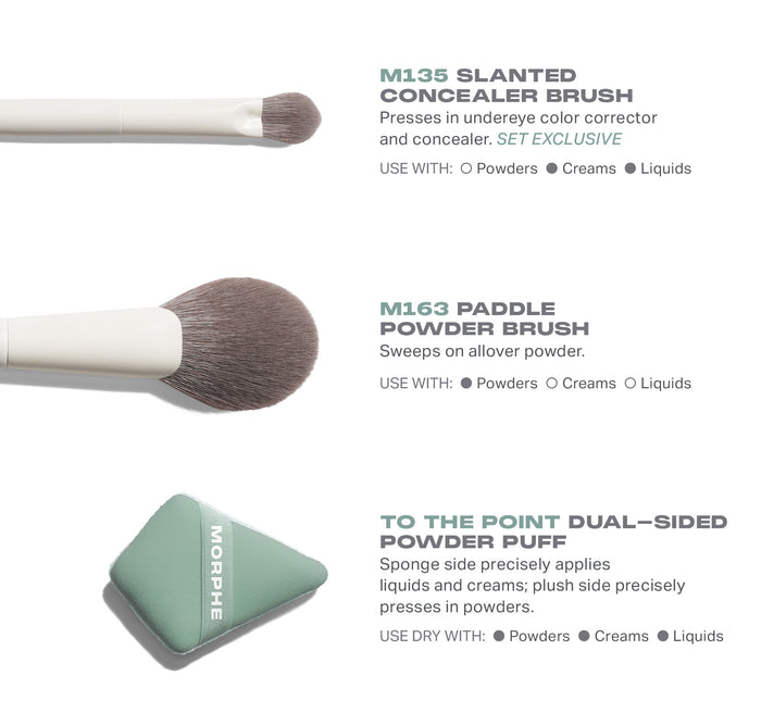 Conceal Set Tool Trio description graphic featuring M135 SLANTED CONCEALER BRUSH (SET EXCLUSIVE), M163 PADDLE POWDER BRUSH, and TO THE POINT DUAL-SIDED POWDER PUFF with MORPHE branding on the sage puff.
