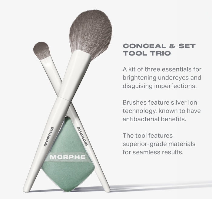 Morphe Conceal & Set Tool Trio benefits graphic: two MORPHE-stamped white-handled brushes and green MORPHE sponge beside text "CONCEAL & SET TOOL TRIO — A kit of three essentials for brightening undereyes and disguising imperfections. Brushes feature silver ion technology, known to have antibacterial benefits. The tool features superior-grade materials for seamless results."