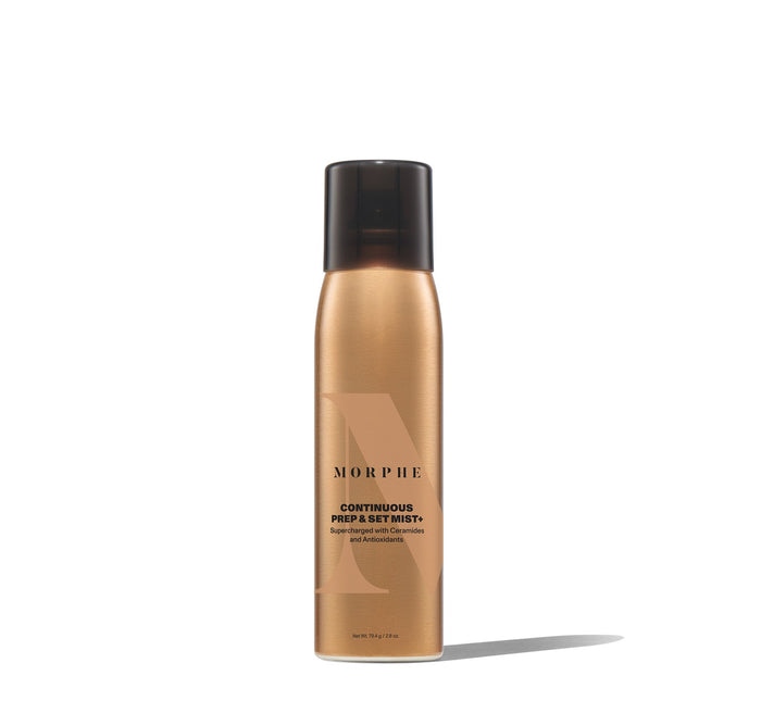 {Regular - 2.8 Oz} Morphe Continuous Prep & Set Mist+ spray can labeled "CONTINUOUS PREP & SET MIST+ Supercharged with Ceramides and Antioxidants" Net Wt 79.4 g / 2.8 oz.