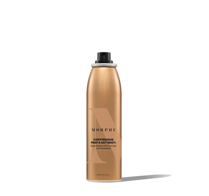 Morphe Continuous Prep & Set Mist+ gold aerosol spray can labeled "CONTINUOUS PREP & SET MIST+ Supercharged with Ceramides and Antioxidants" Net Wt 79.4 g / 2.8 oz.