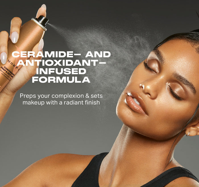 Morphe Continuous Prep & Set Mist+ sprayed onto model's glowing skin — CERAMIDE– AND ANTIOXIDANT–INFUSED FORMULA — Preps your complexion & sets makeup with a radiant finish.