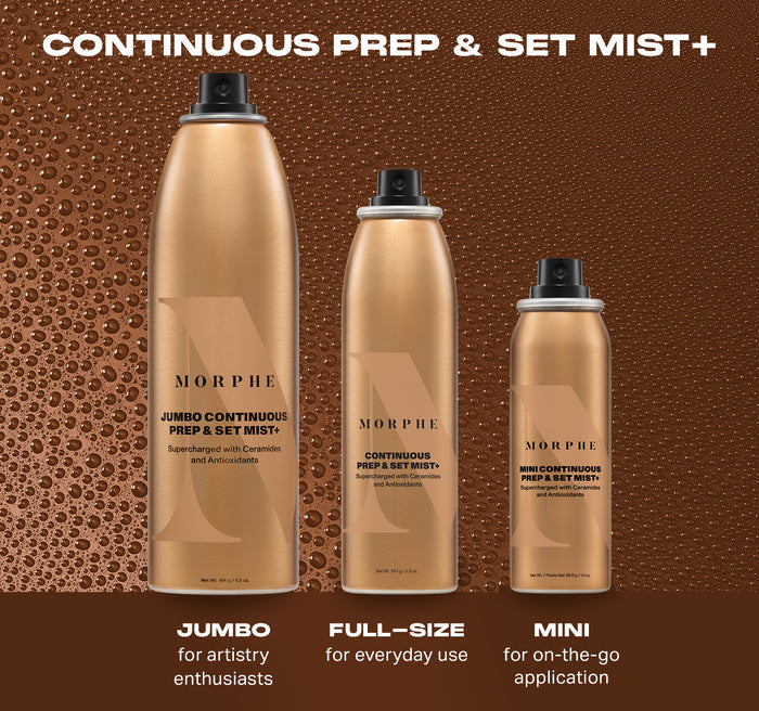 Continuous Prep & Set Mist+ size comparison showing three Morphe spray cans labeled JUMBO for artistry enthusiasts, FULL-SIZE for everyday use, and MINI for on-the-go application.