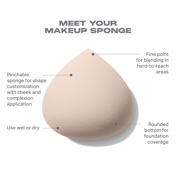 Morphe Iced Oat Latte Shapable Makeup Sponge with fine blending point, pinchable sides, and rounded base — use wet or dry for foundation and concealer
