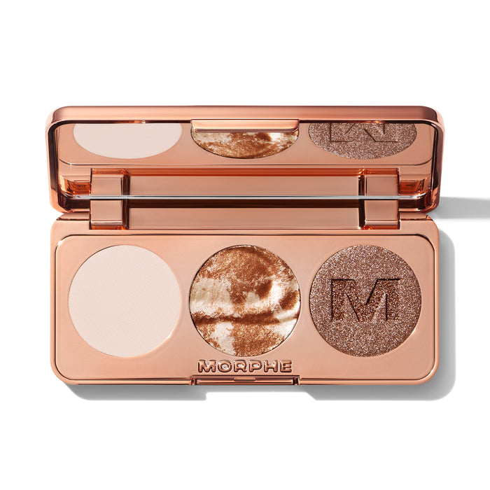 {Champagne On Tap} Dazzling Metallics Eyeshadow Trio open compact showing cream, swirled bronze, and dark shimmer pans with MORPHE engraved inside.