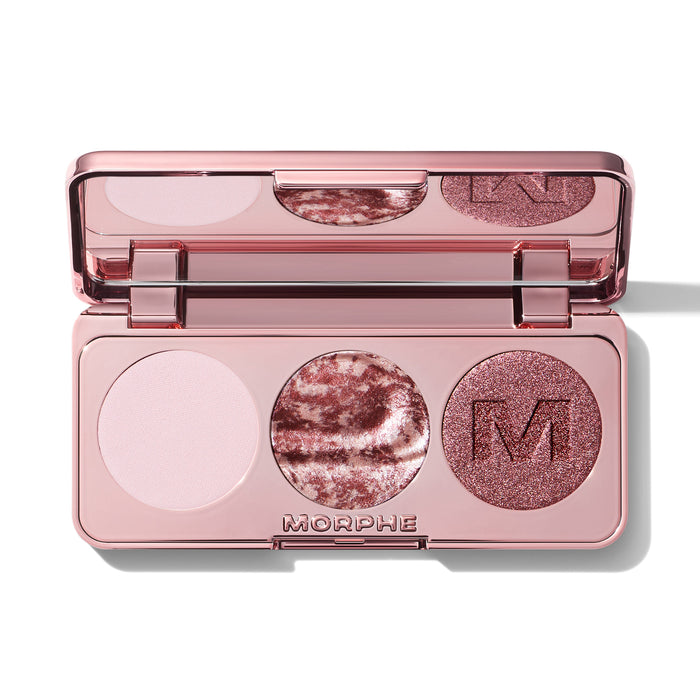 {Pinky Ring} Morphe Dazzling Metallics Eyeshadow Trio open compact showing matte, marbled metallic, and glitter rose shades with MORPHE engraved on pan.