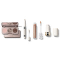 Dazzling Metallics Silver Bundle featuring MORPHE eye compact with M-engraved shimmer pans, MORPHE dual-ended eye pencil, MORPHE DRIPGLASS DAZZLED lip gloss, and MORPHE highlighter stick.